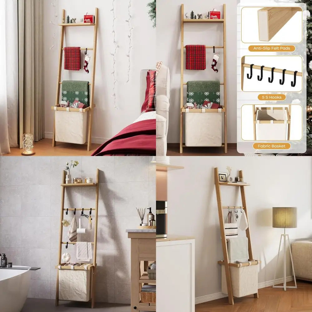 4-Tier Bamboo Blanket Ladder with Shelf, Fabric Basket & 5 Hooks, Natural Wood Rack for Living Room, Bedroom, or Bathroom
4-Tier Bamboo Blanket Ladder with Shelf, Fabric Basket & 5 Hooks, Natural Wood Rack for Living Room, Bedroom, or Bathroom