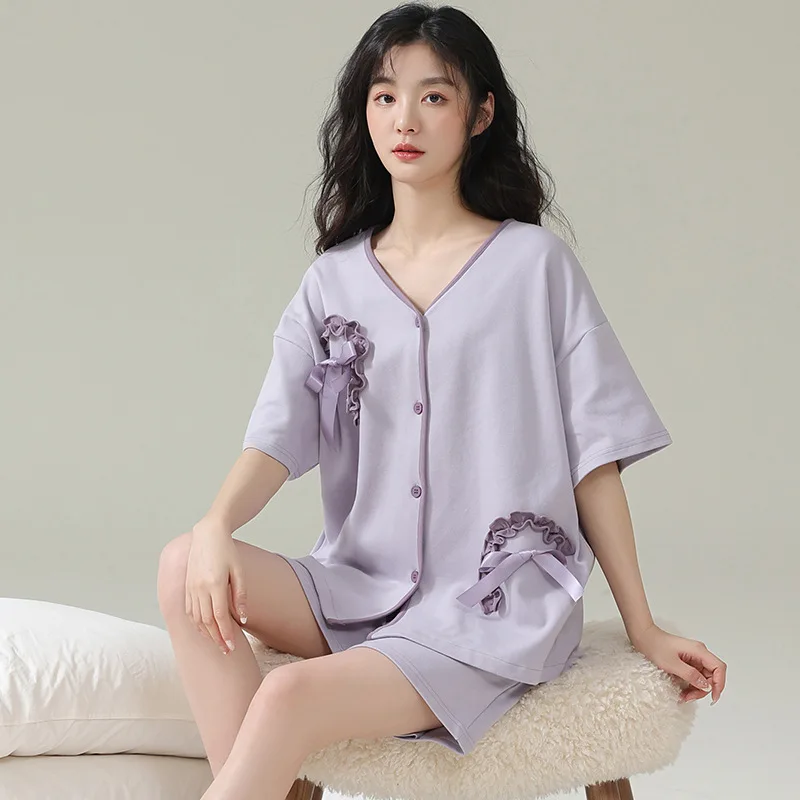 Cute Girl Pajamas Set Solid Comfortable Women Summer New Purple Cotton Homewear Short Sleeve Shorts 2PCS Casual Sleepwear
Cute Girl Pajamas Set Solid Comfortable Women Summer New Purple Cotton Homewear Short Sleeve Shorts 2PCS Casual Sleepwear