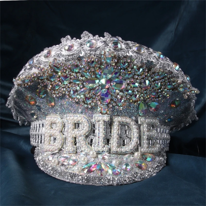 Women Sparkly Crystal Bridal Hat Luxury Bejeweled Captain Hat for Bachelorette Party Music Festival Stage Dance Flat Top Cap
Women Sparkly Crystal Bridal Hat Luxury Bejeweled Captain Hat for Bachelorette Party Music Festival Stage Dance Flat Top Cap