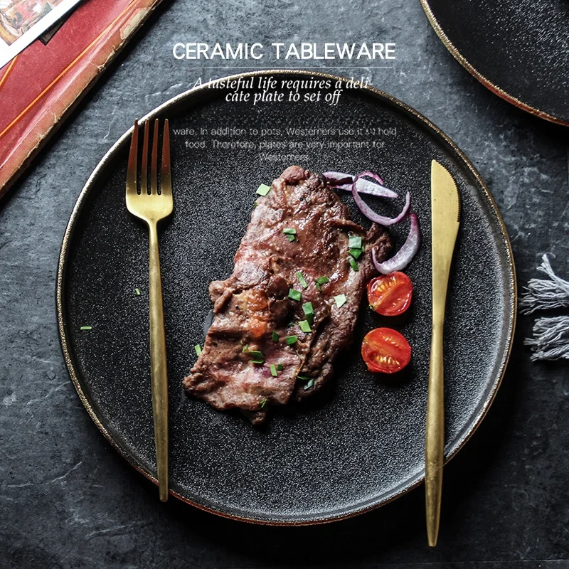 Black Ceramic Steak Plate Home Use Dinner Plate Matte Finish Western Dining Plate Cutlery Set round Shape Dishwasher Not Safe
Black Ceramic Steak Plate Home Use Dinner Plate Matte Finish Western Dining Plate Cutlery Set round Shape Dishwasher Not Safe