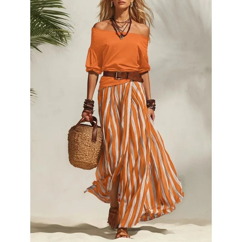 Autumn Sexy Women Off Shoulder Top+Striped Maxi Skirt Outfit Elegant Vacation Fashion Temperament Split Half Skirt 2-piece Set
Autumn Sexy Women Off Shoulder Top+Striped Maxi Skirt Outfit Elegant Vacation Fashion Temperament Split Half Skirt 2-piece Set