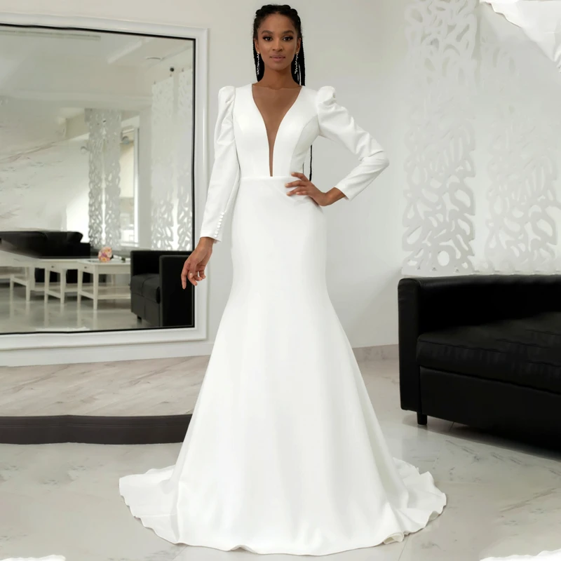 Simple Deep V-neck Illusion Long Sleeve Satin Mermaid Wedding Dress Backless Buttons Bridal Gown Vestido De Noiva
Simple Deep V-neck Illusion Long Sleeve Satin Mermaid Wedding Dress Backless Buttons Bridal Gown Vestido De Noiva
