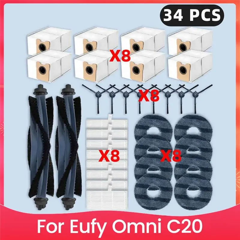 Запасные части для робота-пылесоса Eufy Omni C20: основная и боковые щетки, HEPA-фильтр, салфетка для влажной уборки, мешки для сбора пыли, аксессуары.
Запасные части для робота-пылесоса Eufy Omni C20: основная и боковые щетки, HEPA-фильтр, салфетка для влажной уборки, мешки для сбора пыли, аксессуары.