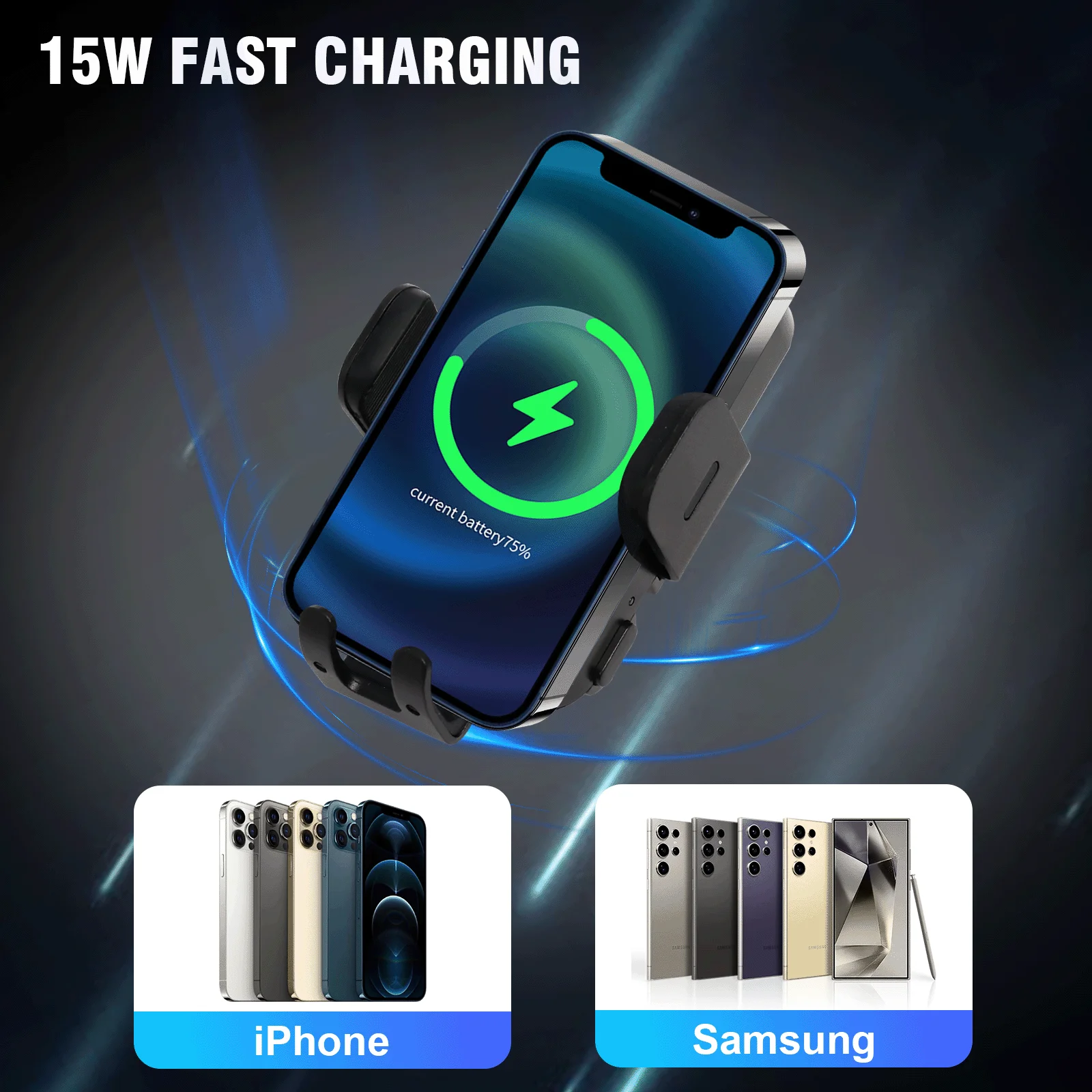 15W Fast Wireless Car Charger Auto Clamping Phone Mount For iPhone
15W Fast Wireless Car Charger Auto Clamping Phone Mount For iPhone