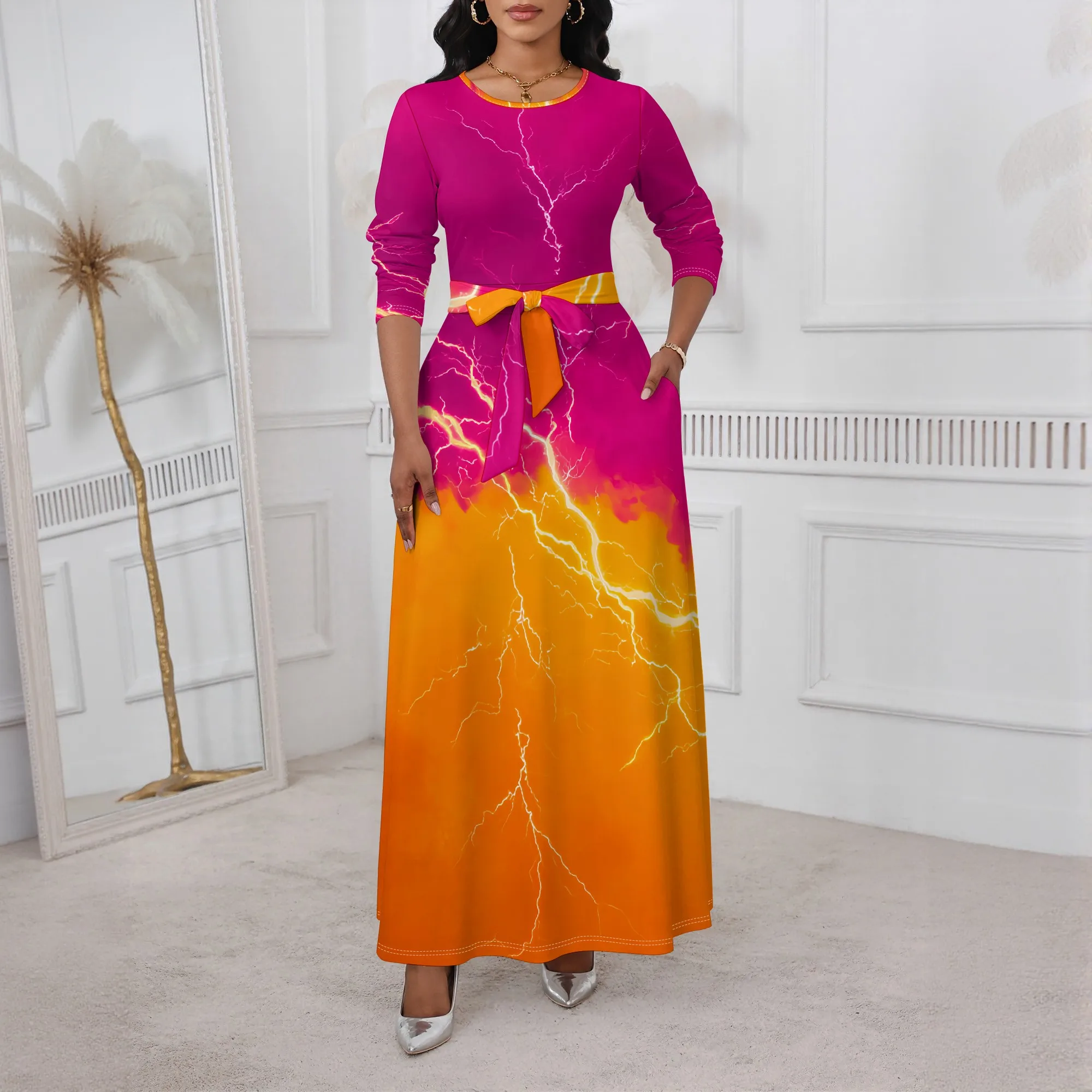 Pink Orange Lightning Maxi Dress XS-3XL Round Neck Long Sleeve Belted Style for Pride Parade, Festival Party or Night Out Look
Pink Orange Lightning Maxi Dress XS-3XL Round Neck Long Sleeve Belted Style for Pride Parade, Festival Party or Night Out Look