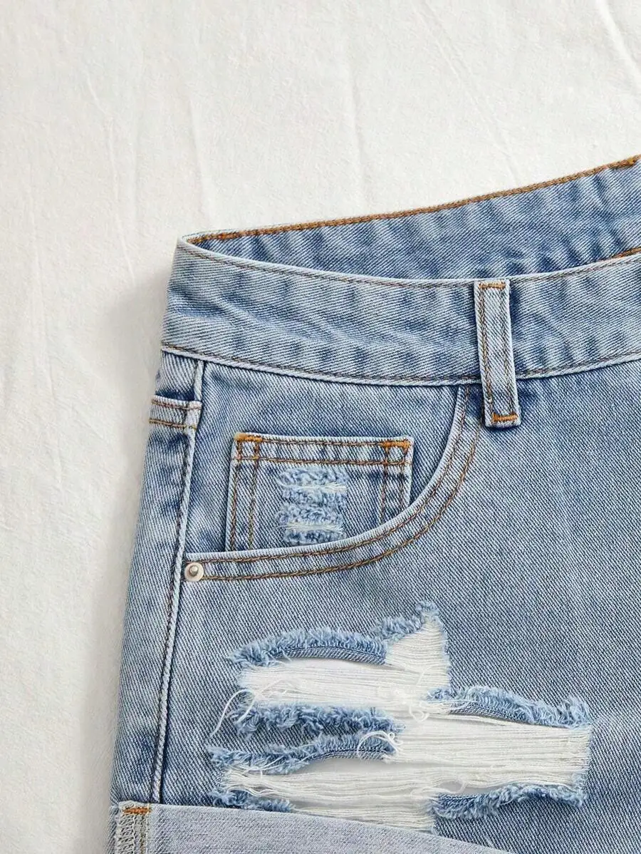 Ripped Denim Shorts With Roll Up Hem High Waist Straight Leg
Ripped Denim Shorts With Roll Up Hem High Waist Straight Leg