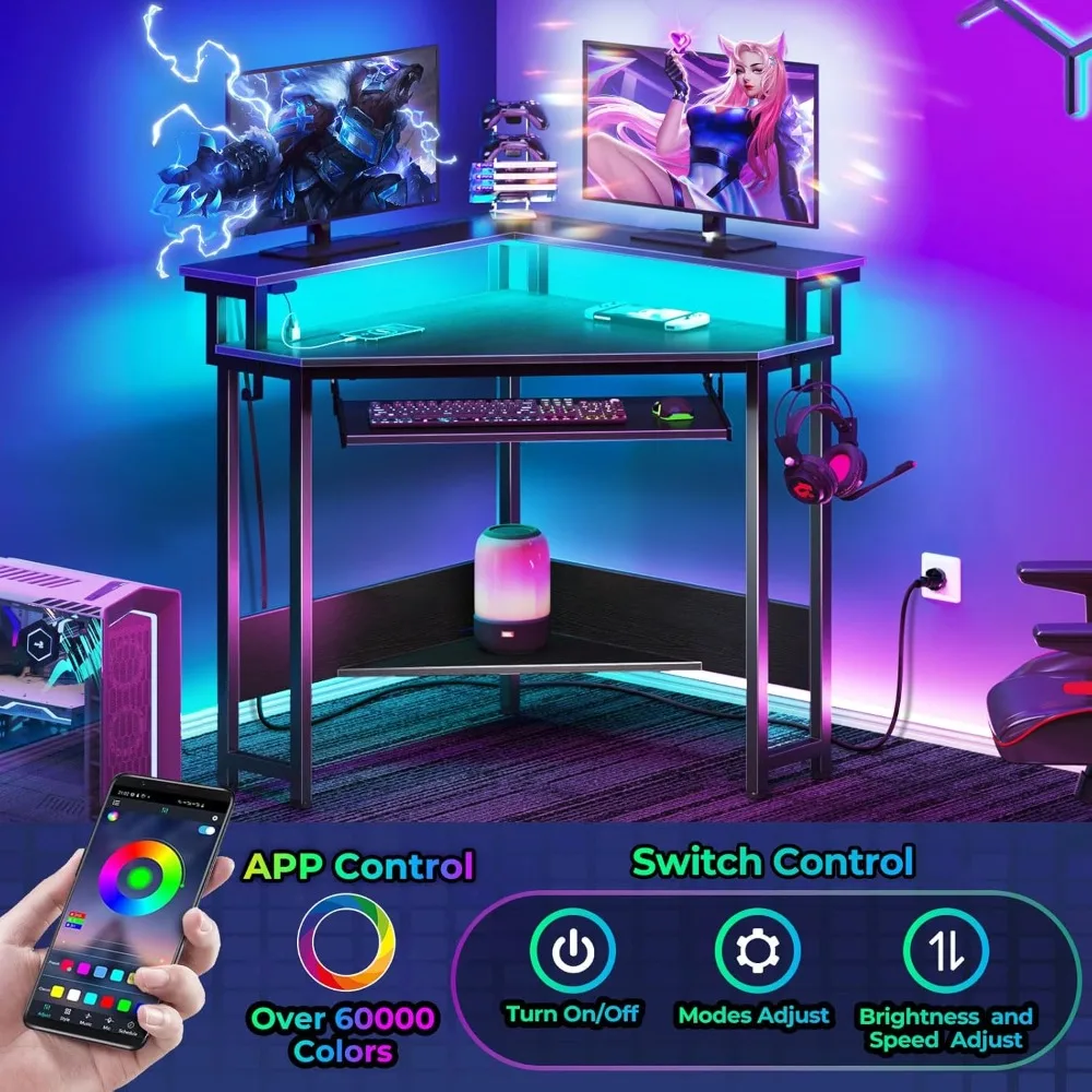 Computer Desk with Socket, LED Light, Triangular Corner, Monitor Stand with Keyboard Tray and Small Space, Computer Desk.
Computer Desk with Socket, LED Light, Triangular Corner, Monitor Stand with Keyboard Tray and Small Space, Computer Desk.