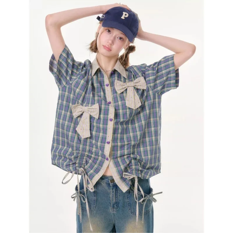 Women's Retro Plaid Short Sleeve Shirt with Bow Drawstring Detail Casual Summer Blouse
Women's Retro Plaid Short Sleeve Shirt with Bow Drawstring Detail Casual Summer Blouse