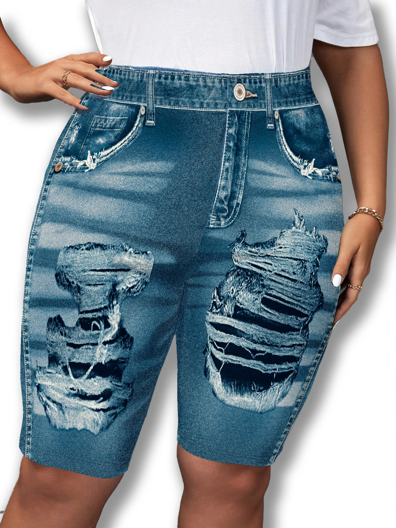 Women's Plus Size Washed Distressed Denim Look Shorts, Four-Way Stretch Casual Biker Shorts
Women's Plus Size Washed Distressed Denim Look Shorts, Four-Way Stretch Casual Biker Shorts