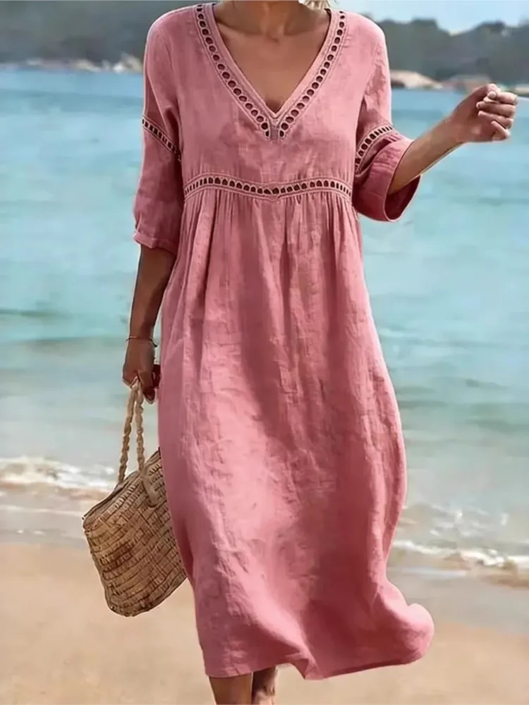 Hollow A-line Dress For Women Spring O-neck High-waisted Loose Dress 2026 Summer New Bell-sleeved Beach Vacation Dress Female
Hollow A-line Dress For Women Spring O-neck High-waisted Loose Dress 2026 Summer New Bell-sleeved Beach Vacation Dress Female