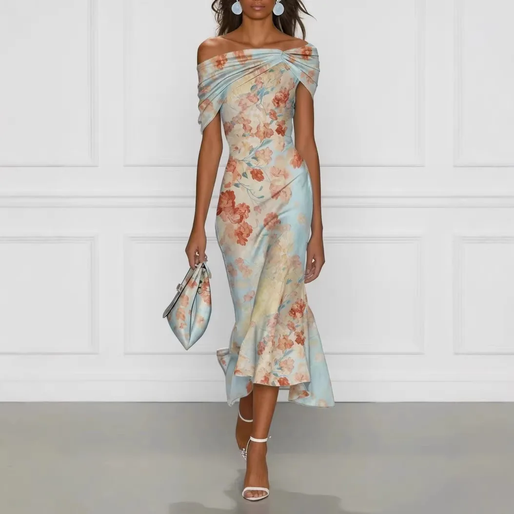 Women's Floral Print Bodycon Midi Dress Off Shoulder Slim Fit Twist Ruched Ruffle Hem Elegant Party Long Dress For Ladies
Women's Floral Print Bodycon Midi Dress Off Shoulder Slim Fit Twist Ruched Ruffle Hem Elegant Party Long Dress For Ladies