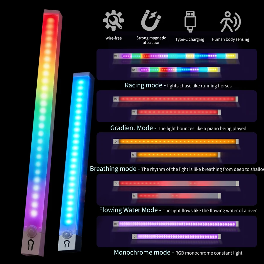 RGB Motion Sensor Light Bar Rechargeable Magnetic Wall Lamp Mood Ambient Night Light for Bedroom Cabinet Gaming Room Decoration
RGB Motion Sensor Light Bar Rechargeable Magnetic Wall Lamp Mood Ambient Night Light for Bedroom Cabinet Gaming Room Decoration