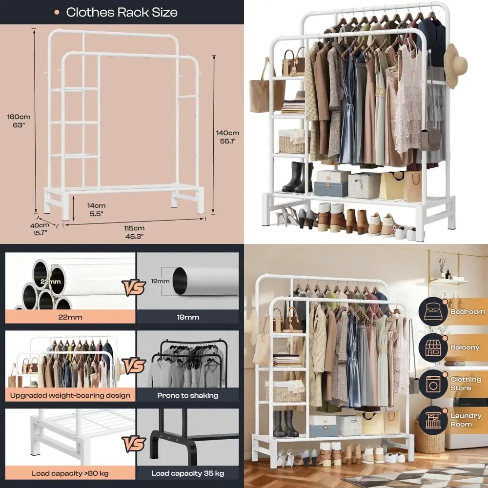 Modern White Double Rod Clothes Rack with 3-Tier Storage for Bedroom, Laundry, Living Room
Modern White Double Rod Clothes Rack with 3-Tier Storage for Bedroom, Laundry, Living Room