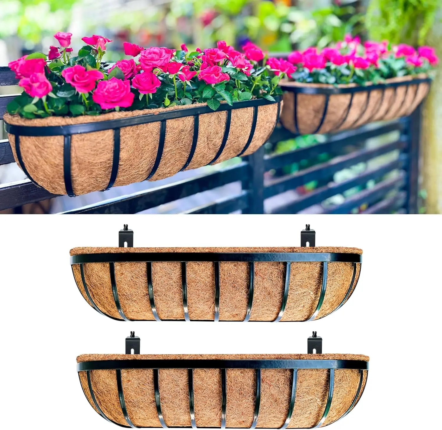 Rectangular Railing Planters Box (2 Pack, 30") Black Metal Window Flower Box with Coco Liner for Outdoor Deck Balcony
Rectangular Railing Planters Box (2 Pack, 30") Black Metal Window Flower Box with Coco Liner for Outdoor Deck Balcony