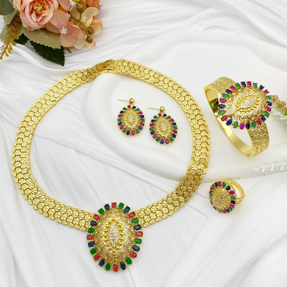 Flora Wedding Party Luxury Gold Plated Brass Zircon Jewelry 4-Pc Set Bride Bridesmaid Gift Suite Necklace Bracelet Earrings Ring 
Flora Wedding Party Luxury Gold Plated Brass Zircon Jewelry 4-Pc Set Bride Bridesmaid Gift Suite Necklace Bracelet Earrings Ring