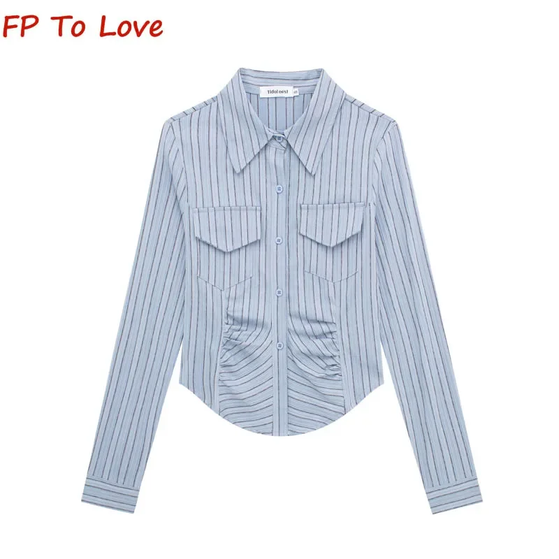 Spice Girls Lapel Single Breasted Pleated Pocket Striped Shirt Women Collision Cardigan Slim Long Sleeve Shirt
Spice Girls Lapel Single Breasted Pleated Pocket Striped Shirt Women Collision Cardigan Slim Long Sleeve Shirt