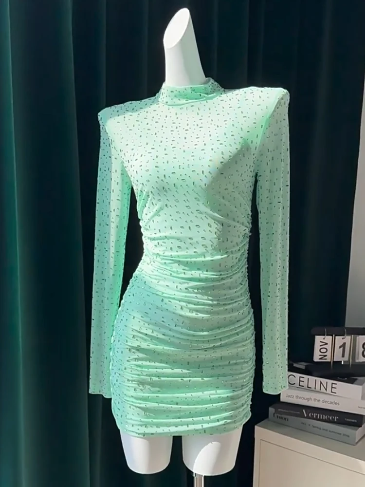 Green Sequin Mesh Long Sleeves Mini Dress – Rhinestone Bodycon Party Dress with Ruched Design Party Nightclub & Holiday Outfit
Green Sequin Mesh Long Sleeves Mini Dress – Rhinestone Bodycon Party Dress with Ruched Design Party Nightclub & Holiday Outfit
