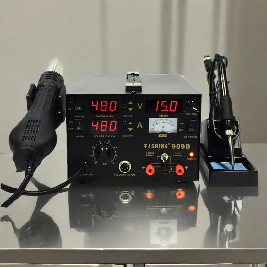 SAIKE 909D SMD Rework Soldering Station 3 In 1 Heat Gun Desoldering DC Power Supply For PCB Repair
SAIKE 909D SMD Rework Soldering Station 3 In 1 Heat Gun Desoldering DC Power Supply For PCB Repair