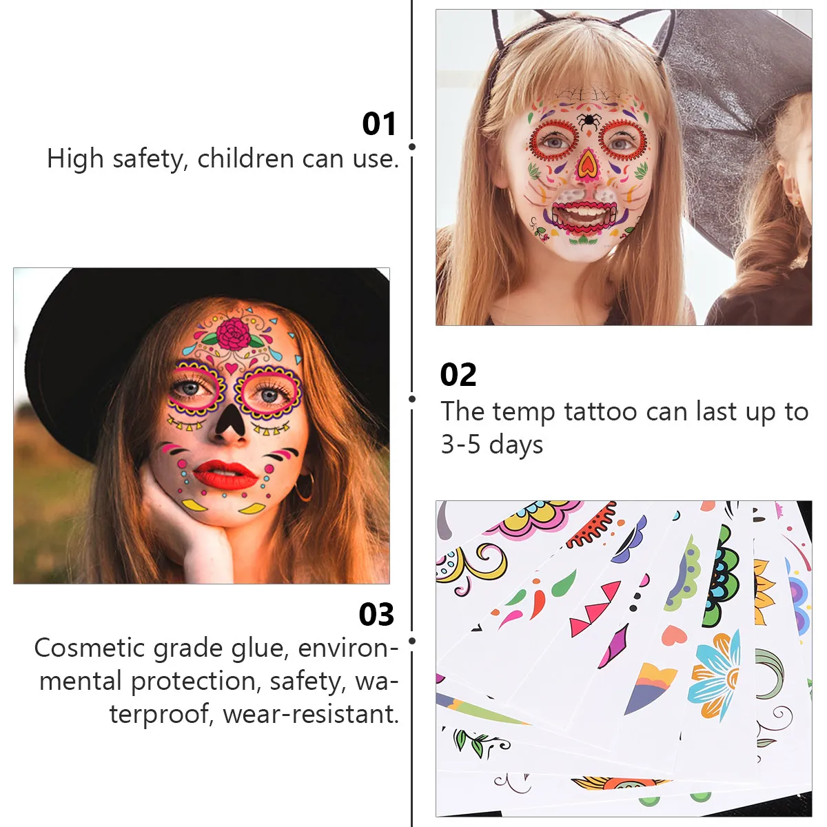 9 Sheets Face Stickers Halloween Floral Tattoos Transfer Decals Skull Paper Long Lasting Safe Skin Costumes Parties Decorations
9 Sheets Face Stickers Halloween Floral Tattoos Transfer Decals Skull Paper Long Lasting Safe Skin Costumes Parties Decorations