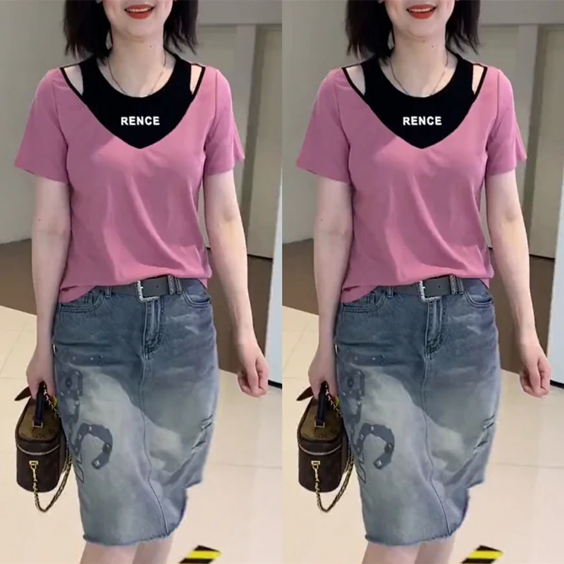 plus Size Women's T-Shirt Summer New Style Cover up Short Sleeve 300 Pounds Casual Loose Fit round Neckline Fake Two-Piece Top
plus Size Women's T-Shirt Summer New Style Cover up Short Sleeve 300 Pounds Casual Loose Fit round Neckline Fake Two-Piece Top