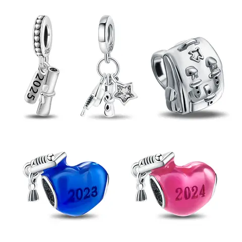 Silver Plated 2023 Graduation Heart Charm Bead, Blue Enamel Cap Tassel Bead Fits European Bracelet Nice Graduation Jewelry Gift