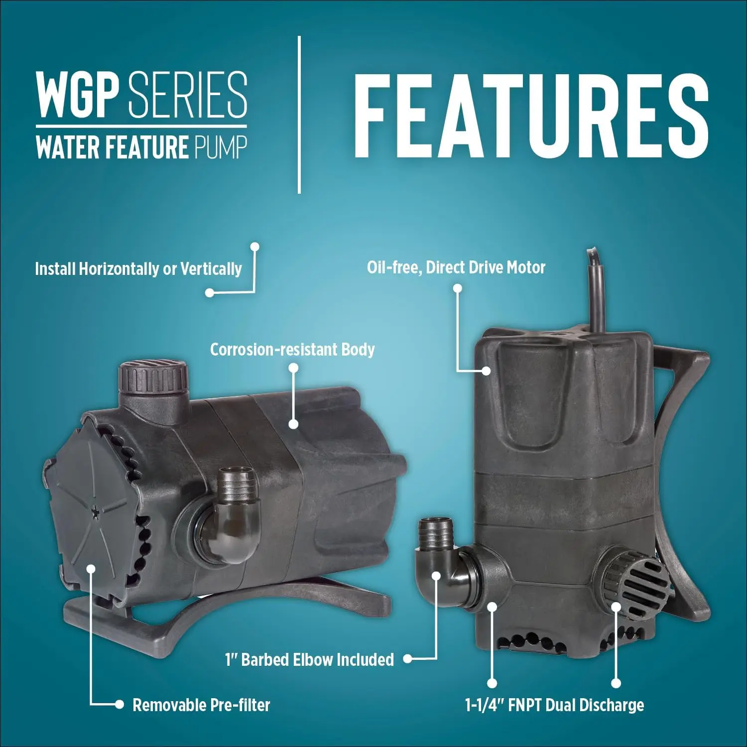 WGP-65-PW 115 Volt, 1900 GPH Dual Discharge Direct Drive Submersible Waterfall and Pond Pump, Black, 566409
WGP-65-PW 115 Volt, 1900 GPH Dual Discharge Direct Drive Submersible Waterfall and Pond Pump, Black, 566409