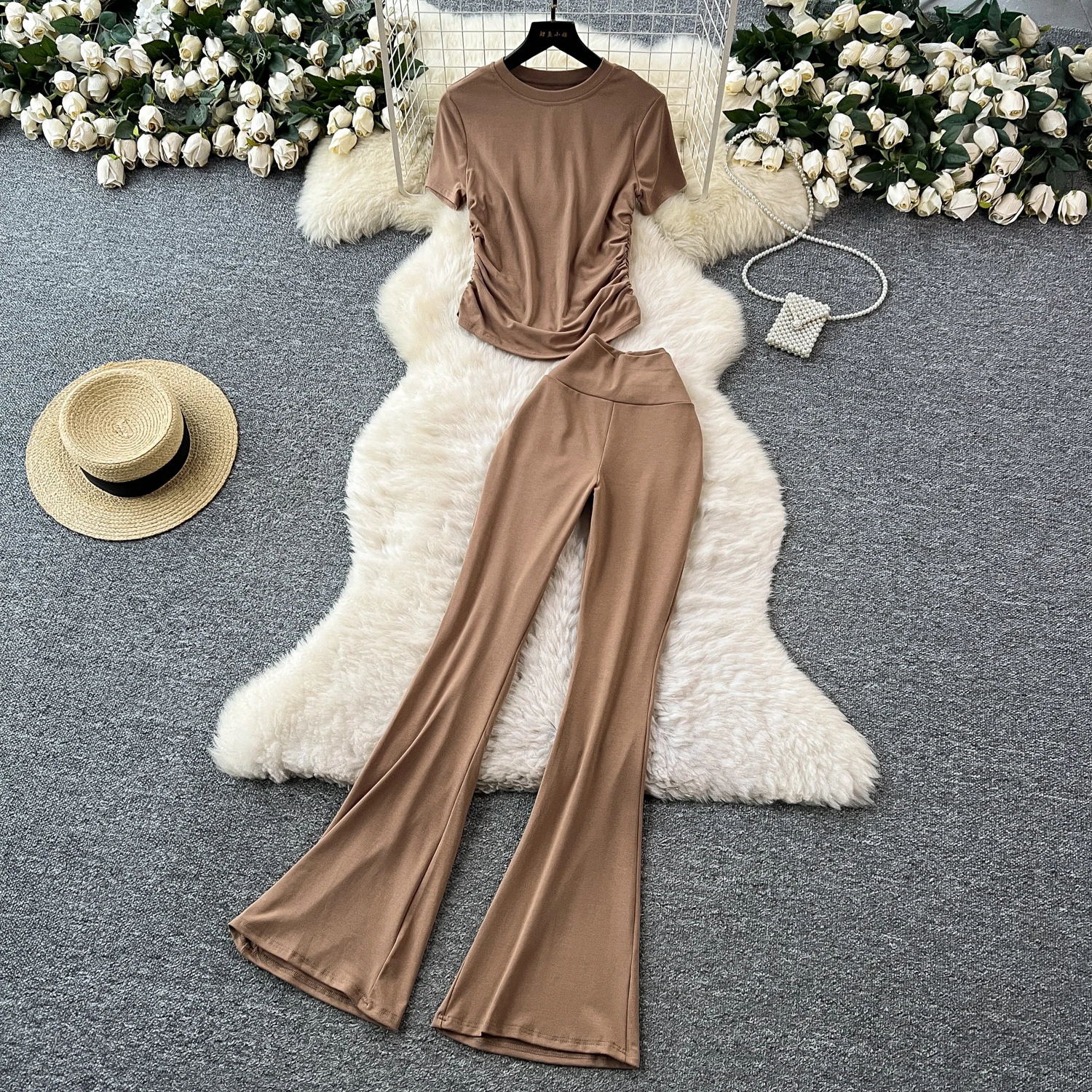 Women Two Pieces Sets Chic O-Neck slim Top and Fashion Hotsweet High Waist Summer Elastic Waist Wide Leg Pant Sets
Women Two Pieces Sets Chic O-Neck slim Top and Fashion Hotsweet High Waist Summer Elastic Waist Wide Leg Pant Sets