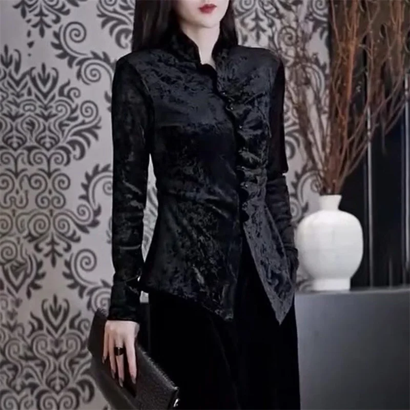 Весенне-летняя вельветовая рубашка 2026: Новинка, с воротником-стойкой, на одной пуговице, женская, черная, в стиле шинуазри, модная блузка
Весенне-летняя вельветовая рубашка 2026: Новинка, с воротником-стойкой, на одной пуговице, женская, черная, в стиле шинуазри, модная блузка