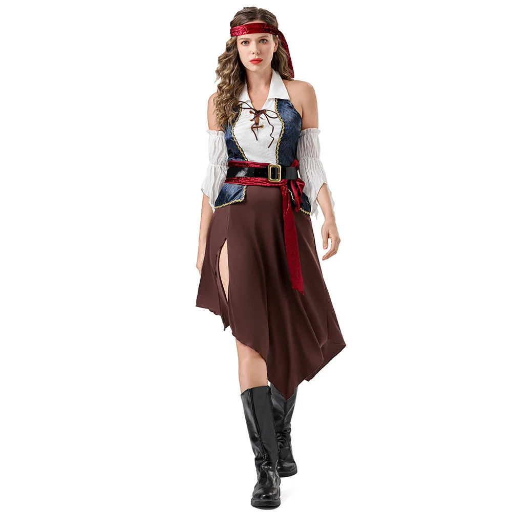 Halloween Cosplay Pirates Caribbean Pirates Costume Viking Dress Belt Sleeves Headscarf Waist Scarf Set Theme Party Outfit Women
Halloween Cosplay Pirates Caribbean Pirates Costume Viking Dress Belt Sleeves Headscarf Waist Scarf Set Theme Party Outfit Women