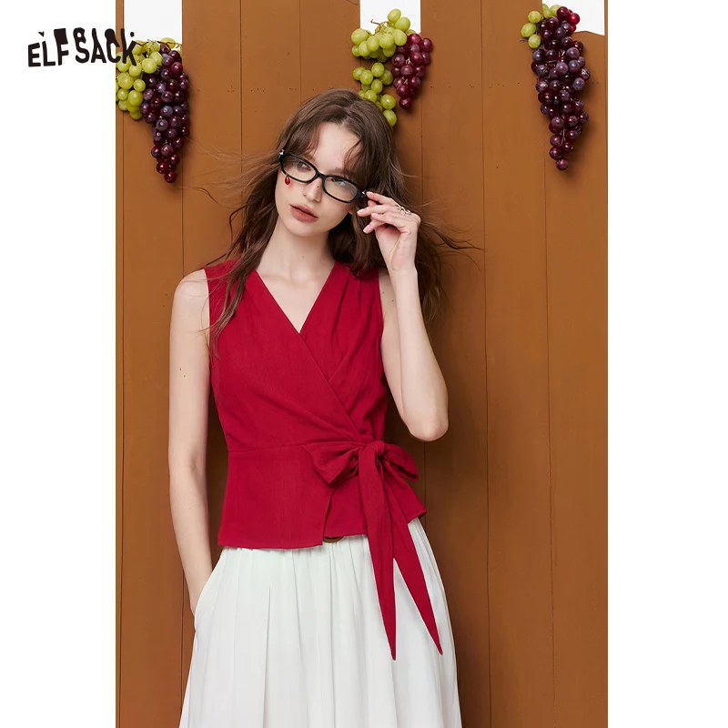 ELFSACK Wrap Tie-Front Sleeveless Blouse, Deep V-Neck Asymmetric Hem Red Top, Elegant Casual Wrap Shirt for Women
ELFSACK Wrap Tie-Front Sleeveless Blouse, Deep V-Neck Asymmetric Hem Red Top, Elegant Casual Wrap Shirt for Women