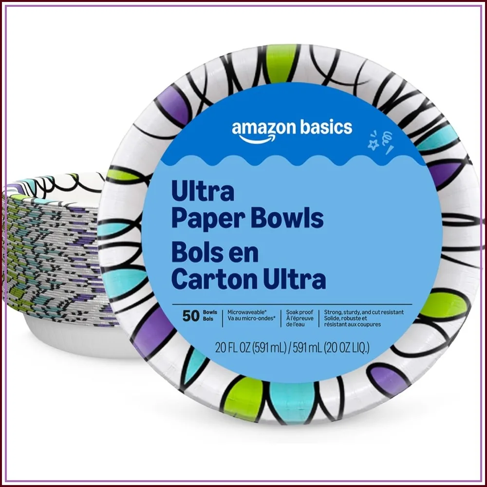 Disposable Paper Bowls 20 oz, Microwave Safe, Soak Proof, 50 Count
Disposable Paper Bowls 20 oz, Microwave Safe, Soak Proof, 50 Count