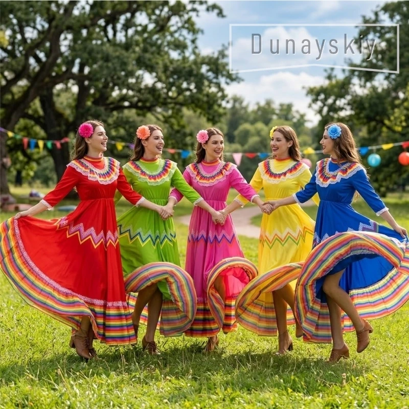 Women's Raditional Mexican Folkloric Dance Costume Boho Rainbow Striped Festival Dress With Ruffled Neckline & Rainbow Accents
Women's Raditional Mexican Folkloric Dance Costume Boho Rainbow Striped Festival Dress With Ruffled Neckline & Rainbow Accents