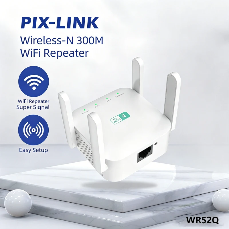 PIX-LINK WR52Q 300Mbps WiFi Extender 4 External Antennas Wireless N Repeater 2.4GHz Signal Booster WPS Ethernet Port Home Router