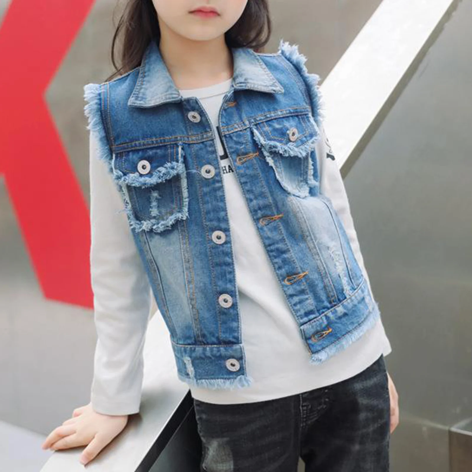 Spring Autumn Kids Girls Fashion Raw Edge Denim Vest Ripped Sleeveless Jacket Turn-Down Collar Waistcoat Outerwear with Pocket
Spring Autumn Kids Girls Fashion Raw Edge Denim Vest Ripped Sleeveless Jacket Turn-Down Collar Waistcoat Outerwear with Pocket