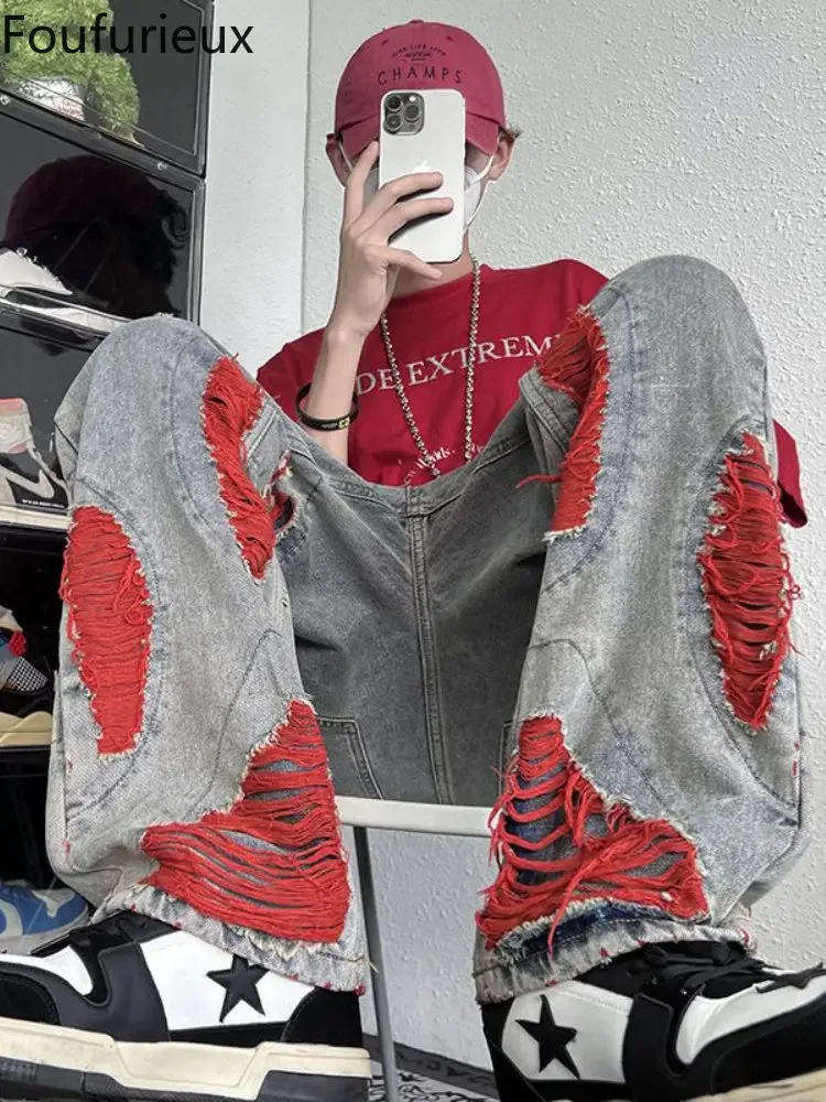 Foufurieux High Street Men's Jeans Contrast Color Ripped Loose Fashion Denim Pants Hip Hop Male Brand Broken Red Line Trousers
Foufurieux High Street Men's Jeans Contrast Color Ripped Loose Fashion Denim Pants Hip Hop Male Brand Broken Red Line Trousers