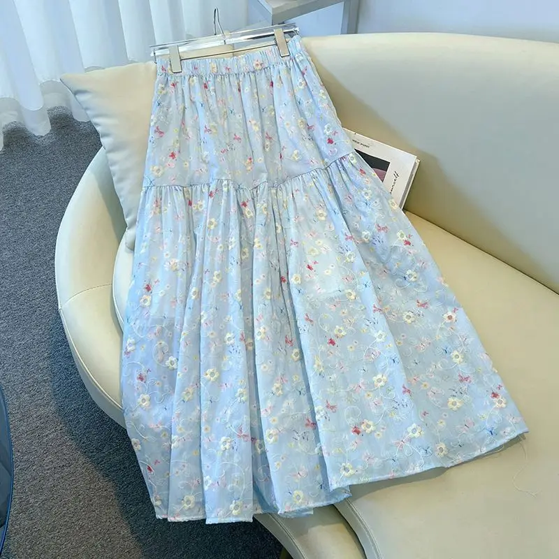 Women's Light Blue Floral Embroidery Midi Skirt, High Waist Tiered A-Line Skirt, Casual Flowy Chiffon Skirt for Summer
Women's Light Blue Floral Embroidery Midi Skirt, High Waist Tiered A-Line Skirt, Casual Flowy Chiffon Skirt for Summer