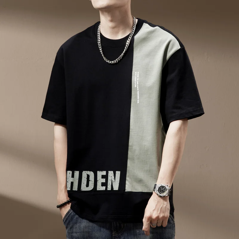 High end American street color blocking splicing short sleeved T-shirt for men's summer loose print half sleeve trendy clothing
High end American street color blocking splicing short sleeved T-shirt for men's summer loose print half sleeve trendy clothing