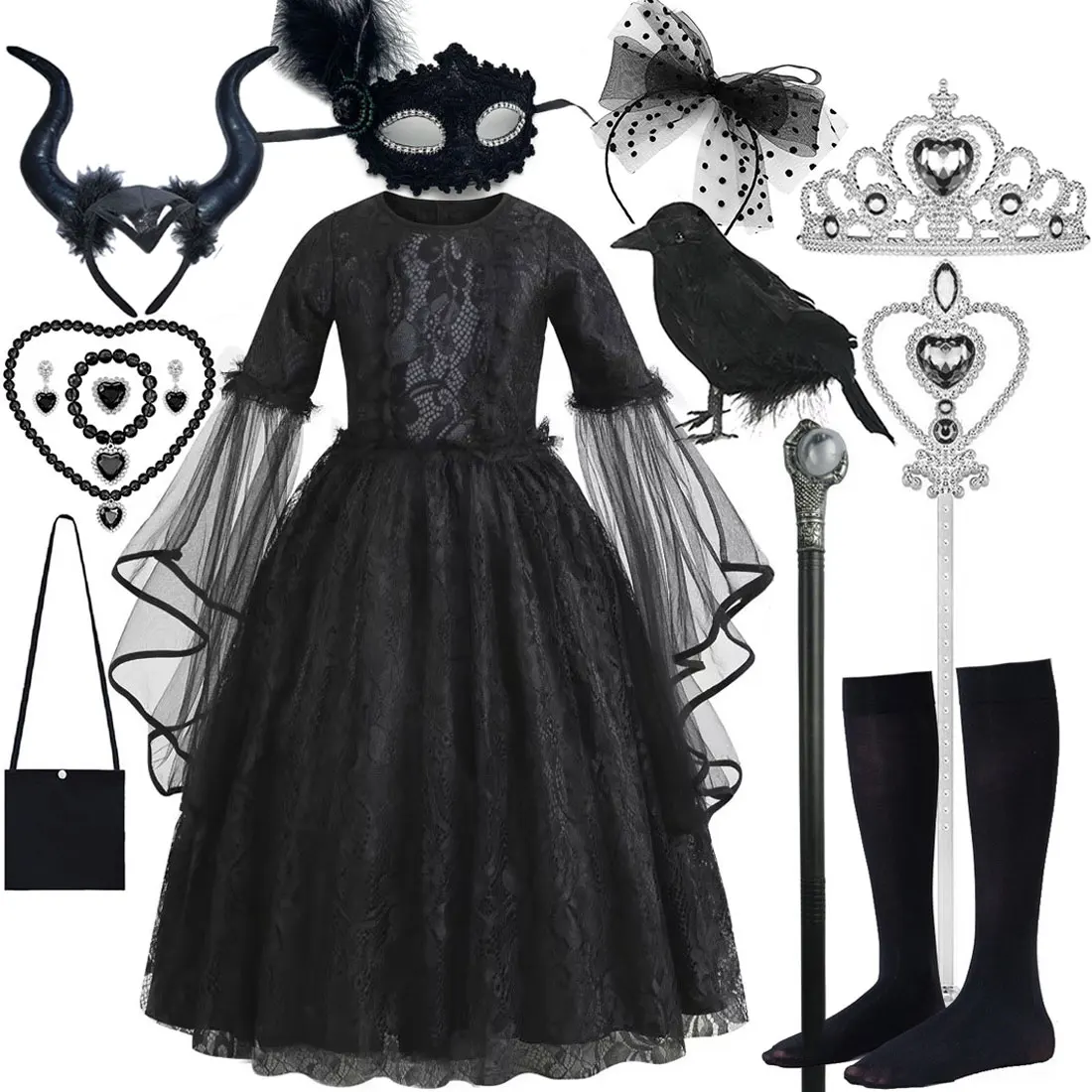 2025 Halloween Easter Festive Party Black Mesh Clothing Girl Cosplay Evil Vampire Witch Princess Dress + Crow + Magic Staff Set
2025 Halloween Easter Festive Party Black Mesh Clothing Girl Cosplay Evil Vampire Witch Princess Dress + Crow + Magic Staff Set
