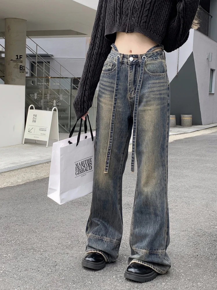 Slergiri Streetwear Retro Distressed Wide-leg Jeans Women American Casual Drawstring High Waisted Straight Denim Trousers
Slergiri Streetwear Retro Distressed Wide-leg Jeans Women American Casual Drawstring High Waisted Straight Denim Trousers