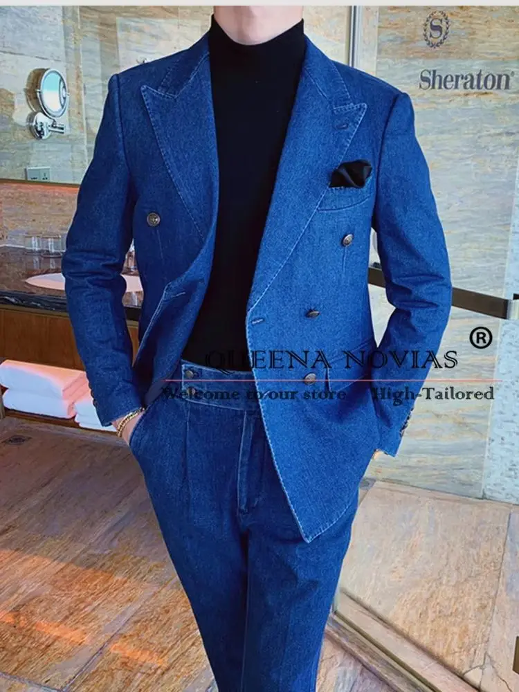 Blue Denim Business Suits Men Samrt Casual Double Breasted Jacket Pants 2 Pieces Groom Banquet Wedding Tuxedos Customized Dress
Blue Denim Business Suits Men Samrt Casual Double Breasted Jacket Pants 2 Pieces Groom Banquet Wedding Tuxedos Customized Dress