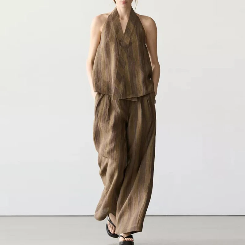 Sexy Halter Sleeveless Vest & Straight Suits Fashion Stripe Print Loose Outfits Women Elegant Commute Pocket 2Pc Long Pant Sets
Sexy Halter Sleeveless Vest & Straight Suits Fashion Stripe Print Loose Outfits Women Elegant Commute Pocket 2Pc Long Pant Sets