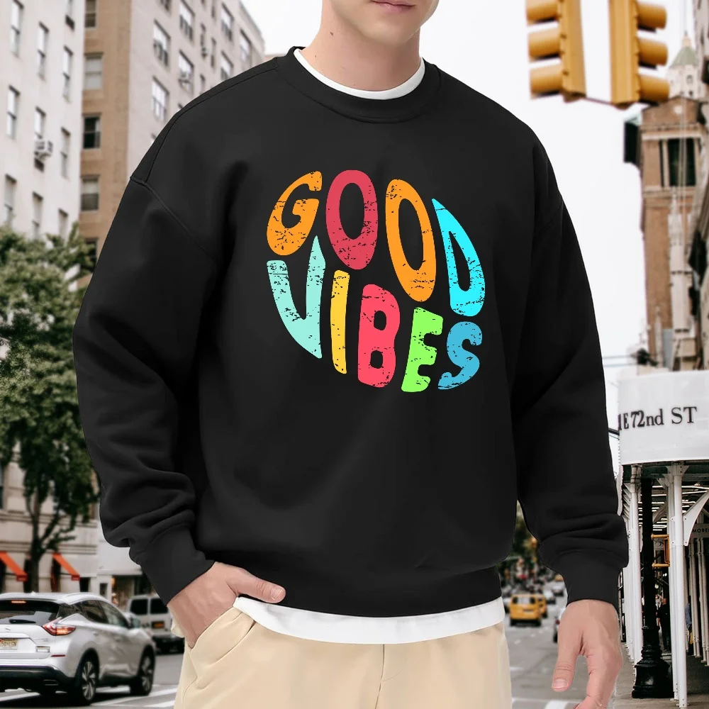 Men's Black Crew Neck Sweatshirt with Colorful Good Vibes Lettering Print, Loose Casual Top, Versatile for Everyday Street Wear, Comfortable, Breathable, Trendy Style
Men's Black Crew Neck Sweatshirt with Colorful Good Vibes Lettering Print, Loose Casual Top, Versatile for Everyday Street Wear, Comfortable, Breathable, Trendy Style
