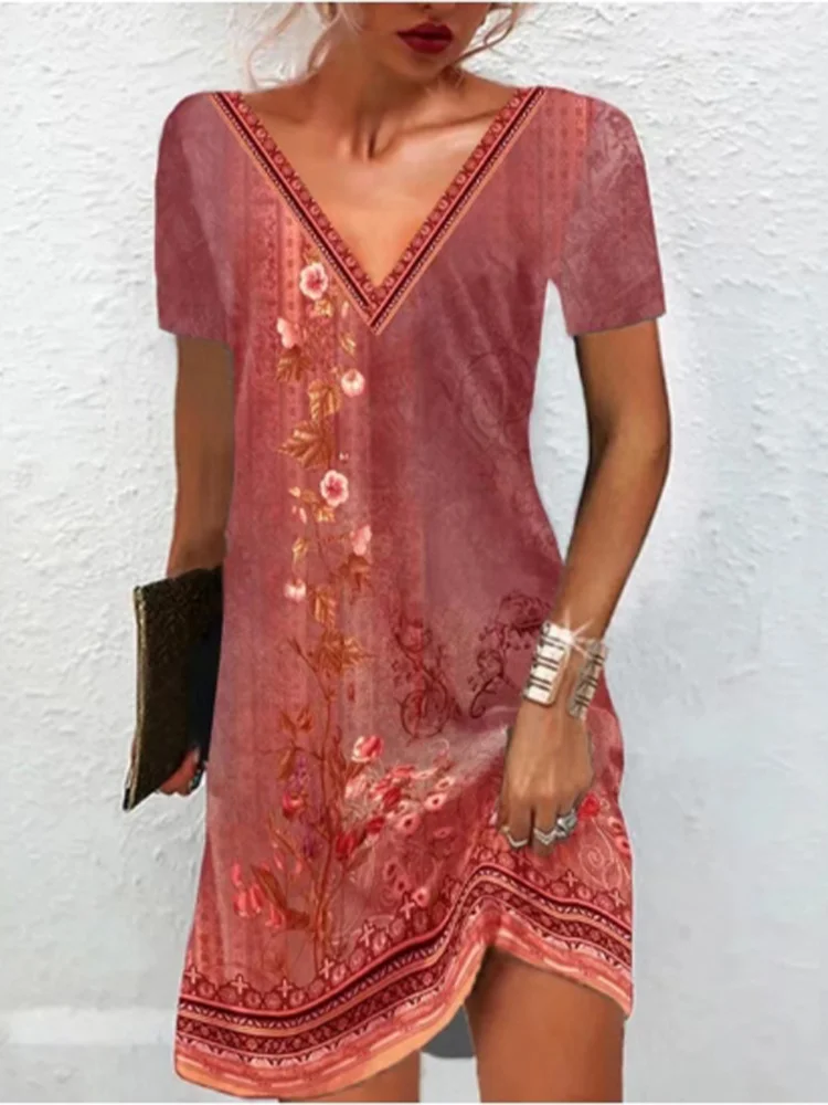 Colorful Printed Short Sleeved V-neck Casual Women's Dress Elegant Versatile Retro Ethnic Style Summer Dresses
Colorful Printed Short Sleeved V-neck Casual Women's Dress Elegant Versatile Retro Ethnic Style Summer Dresses
