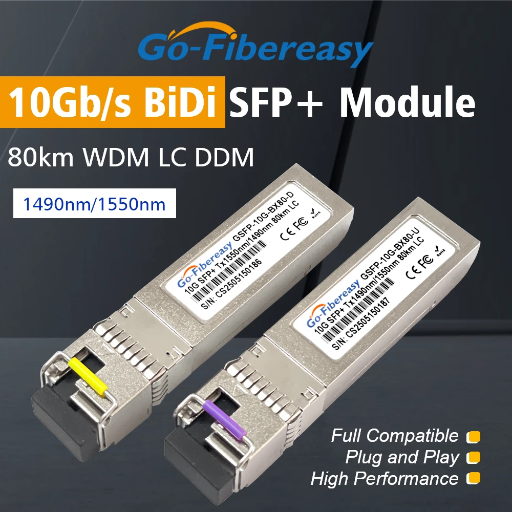 10G BiDi 80km SMF LC WDM SFP+ Module 1490/1550nm Single-fiber Bidirectional Optica Transceiver For Cisco,Mikrotik,Juniper Switch 
10G BiDi 80km SMF LC WDM SFP+ Module 1490/1550nm Single-fiber Bidirectional Optica Transceiver For Cisco,Mikrotik,Juniper Switch