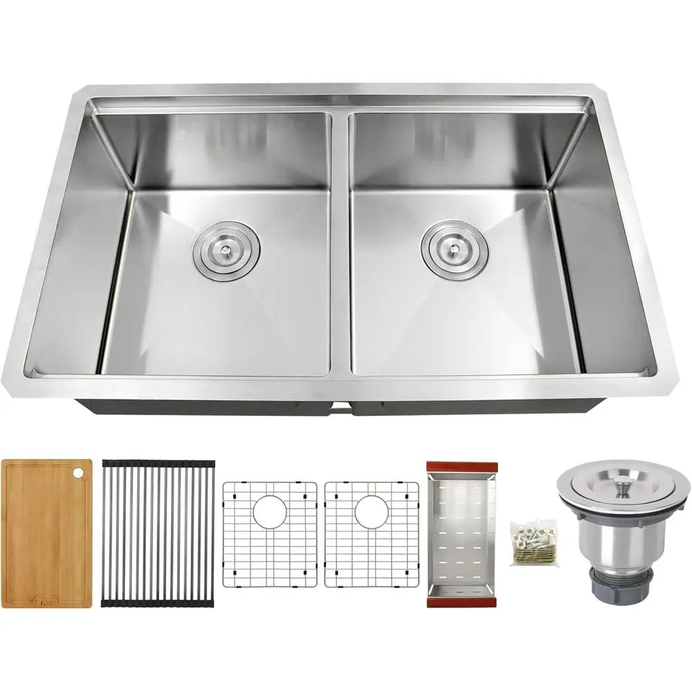 Kitchen Sink 32" x 19", Undermount Kitchen Sink, 50/50 Double Bowl Stainless Steel Kitchen Sinks, 16 Gauge Stainless Steel Handm
Kitchen Sink 32" x 19", Undermount Kitchen Sink, 50/50 Double Bowl Stainless Steel Kitchen Sinks, 16 Gauge Stainless Steel Handm