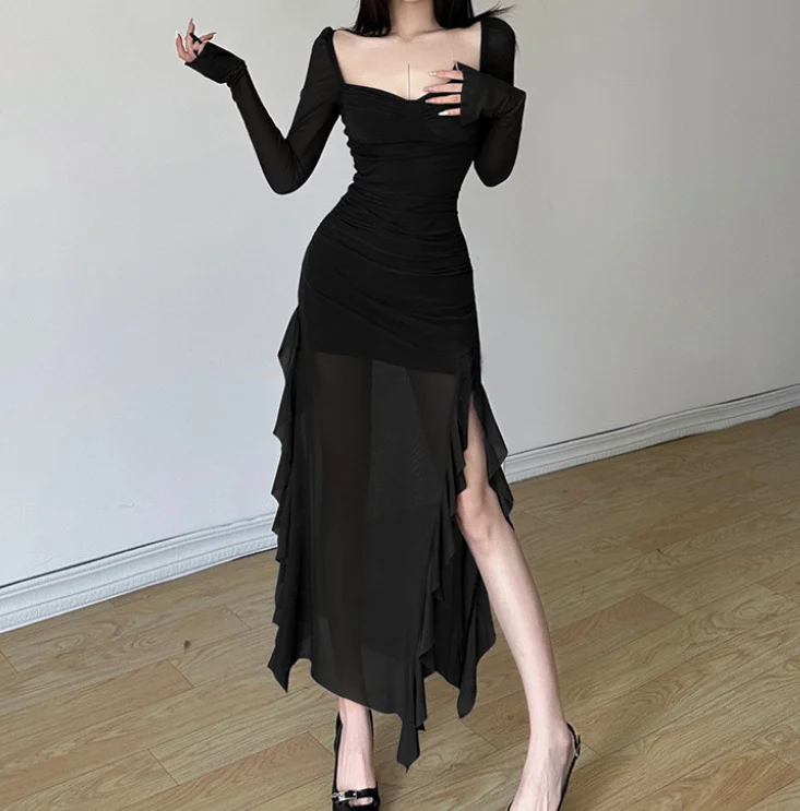 Elegant Midi Women's Dress Square Neck Lotus Leaf Edge Splicing Slit High Waist Transparent Sexy Slim Fit Dress
Elegant Midi Women's Dress Square Neck Lotus Leaf Edge Splicing Slit High Waist Transparent Sexy Slim Fit Dress
