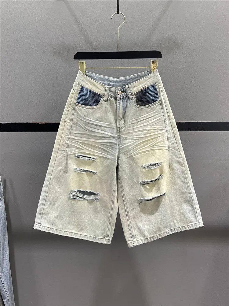 Retro Light Wash Ripped Wide Leg Denim Jeans Women's Summer Design Sensation Color Block Pocket Loose Straight Six Pants
Retro Light Wash Ripped Wide Leg Denim Jeans Women's Summer Design Sensation Color Block Pocket Loose Straight Six Pants