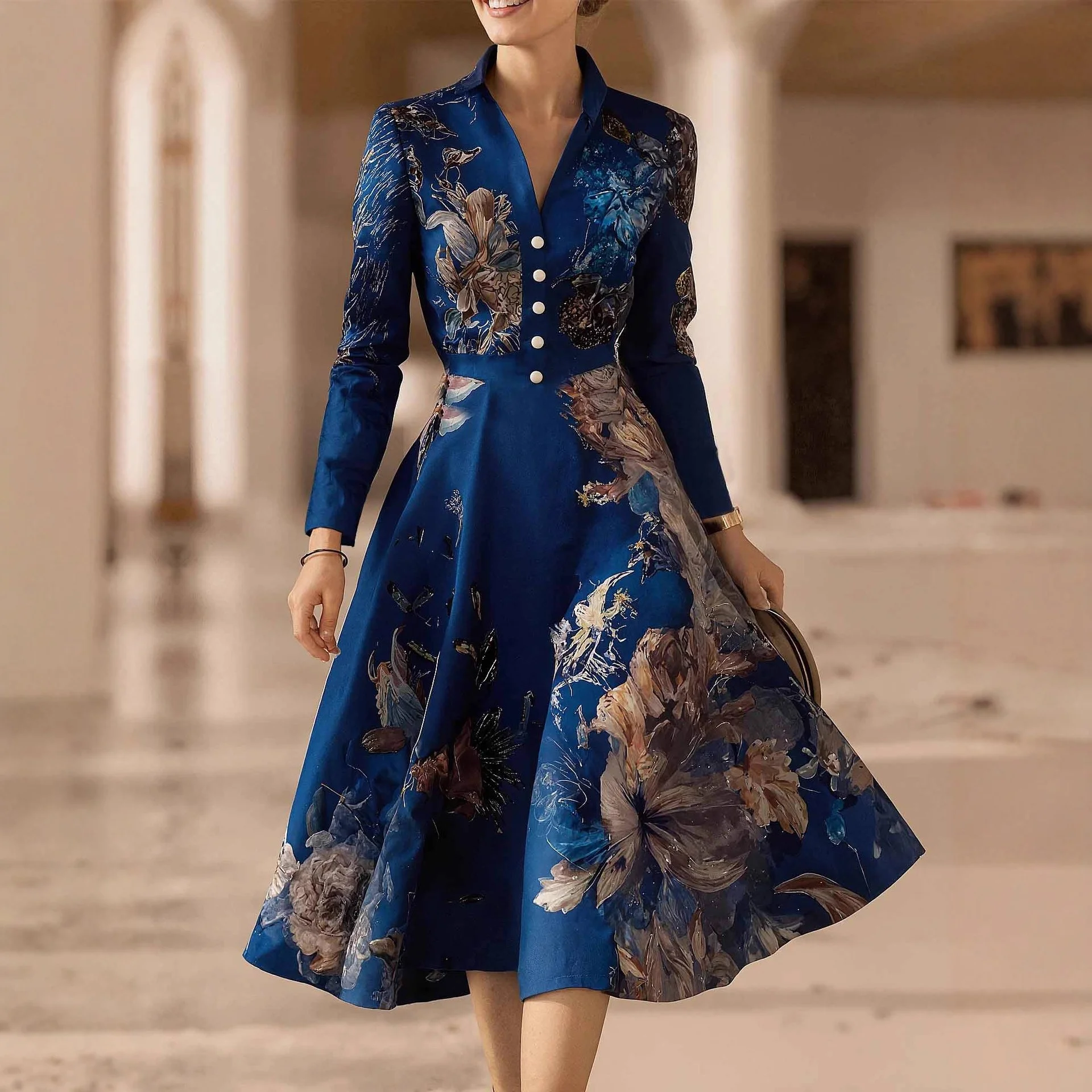 Elegant Women's Dresses Floral Print Turndown Collar Long Sleeve Mid-Length Waisted Evening Party Dress Button Women Midi Dress
Elegant Women's Dresses Floral Print Turndown Collar Long Sleeve Mid-Length Waisted Evening Party Dress Button Women Midi Dress