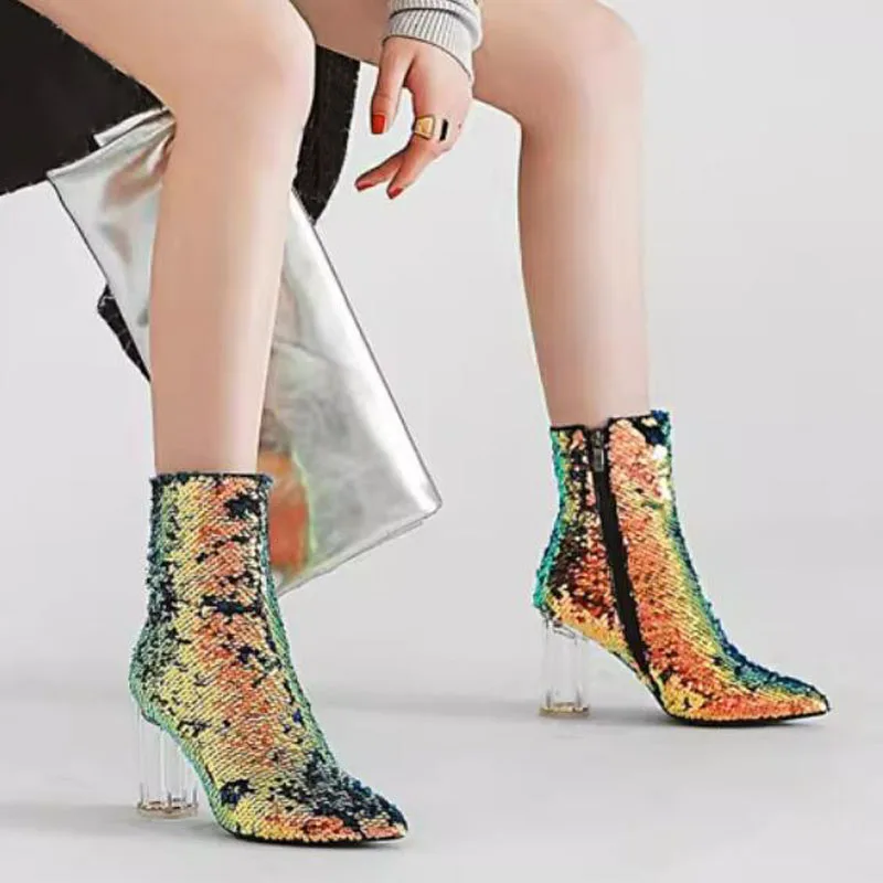 Peacock Green Gold Bling Sequins Chunky Crystal Heel Ankle Boots Transparent Heels Pointed Toe Women Glitter Stage Boots
Peacock Green Gold Bling Sequins Chunky Crystal Heel Ankle Boots Transparent Heels Pointed Toe Women Glitter Stage Boots