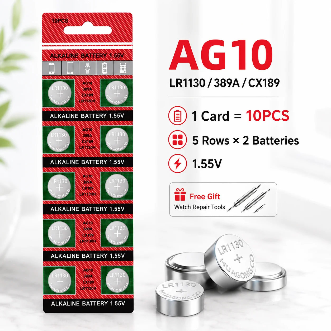 AG10 LR1130 LR54 L1131 389A 1.55V Alkaline Coin Cell 5‑10Pcs for Watch Calculator Toy Remote Control
AG10 LR1130 LR54 L1131 389A 1.55V Alkaline Coin Cell 5‑10Pcs for Watch Calculator Toy Remote Control